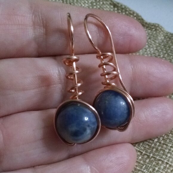 Copper Wrapped Blue Sodalite Dangle Earrings ~ Made for Jeans & Everyday Magic - Picture 2 of 13